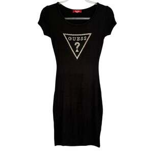 Guess Gem Logo Black Short Sleeve Bodycon Dress Ribbed Knit Stretch Womens Small